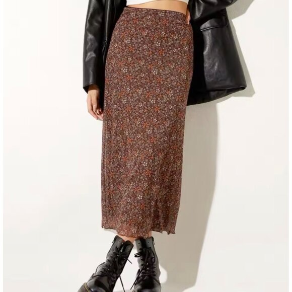 New Y2K Floral Midi Skirt Sz.L Brown Mesh Stretch Pull-On Fairy Grunge 90s Boho - Picture 1 of 8